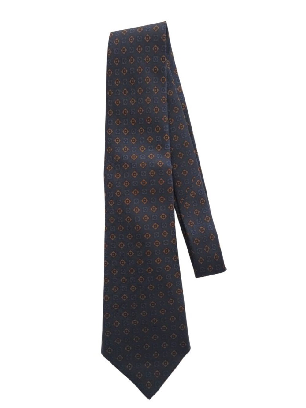Kiton Napoli 7-Fold Navy & Brown Geometric Pattern 100% Silk Tie - Made In Italy